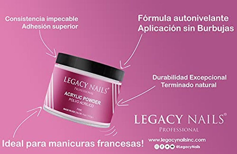 LEGACY NAILS Professional Pink Acrylic Powder - 4oz, Salon-Grade, Fast-Drying, Chip-Resistant, Versatile Nail Art