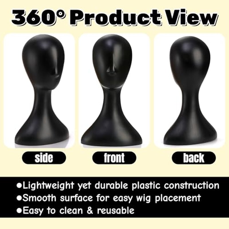 Acshio Professional Plastic Mannequin Head, 16 Inch Model Wig Head Stand with Neck for Women Men, Styling Making Display Holder with Jack for Hat, Mask, Headdress, Necklace, Black