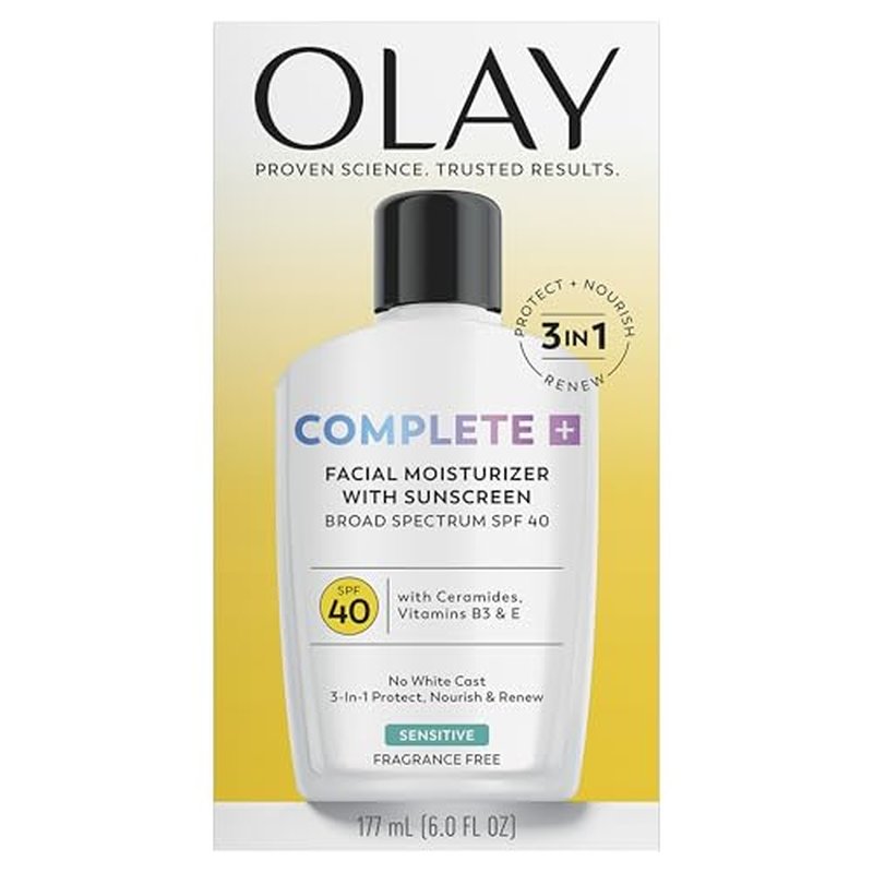 Olay Complete+ Face Moisturizer with Sunscreen SPF 40, For Sensitive Skin, Broad Spectrum Sun Protection, Fragrence-Free - No White Cast on All Tones, Nourishes Moisture Barrier - Ceramides, 6 Oz