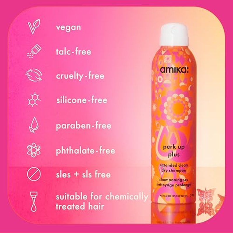 amika perk up plus extended clean dry shampoo, 9.5oz | revitalizes roots + boosts time between washes with no residue or build up | for all hair types