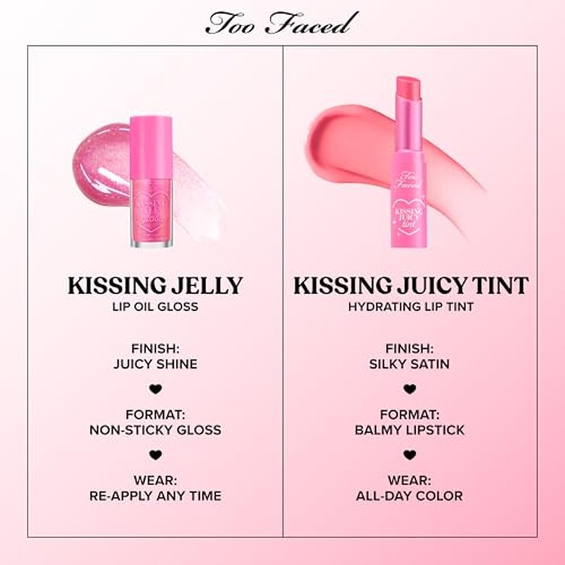 Too Faced Kissing Jelly Lip Oil + Gloss | Hydrating Lip Serum Treatment with Jojoba Oil for Instant Moisture and Glossy Shine, 0.15 Fl Oz, Raspberry