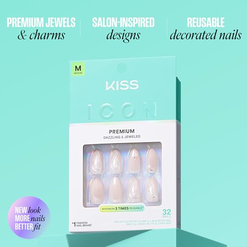 KISS ICON Premium Press On Nails Almond, Vibrant, Pink, Medium, 32 Count