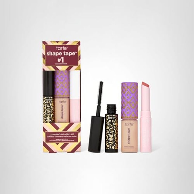 tarte shape tape best-sellers set – Shape Tape Concealer, Hydrating Lip Gloss Balm & Mascara for Curl, Volume & Length, Longwear, Cruelty-Free, travel size, 29N light-medium & rose