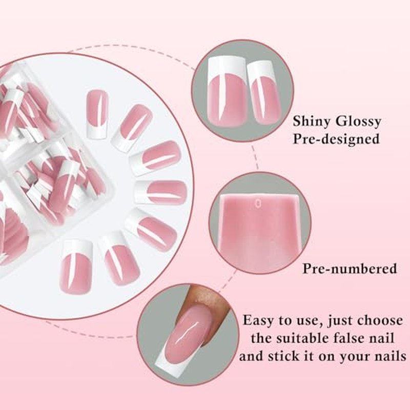 240pc White French Tips Press on Nails Square Fake Nails with Tabs, Medium Nails Press ons French Tip Acrylic Nails Pink Glue ons Nails Square False Fingernail Artificial Nails Stick on Nails Women