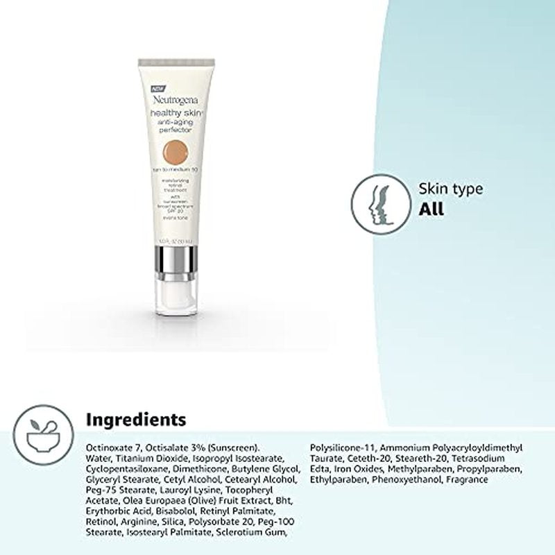 Neutrogena Healthy Skin Anti-Aging Perfector Tinted Facial Moisturizer and Retinol Treatment with Broad Spectrum SPF 20 Sunscreen with Titanium Dioxide, 50 Tan to Medium, 1 fl. oz (Pack of 2)