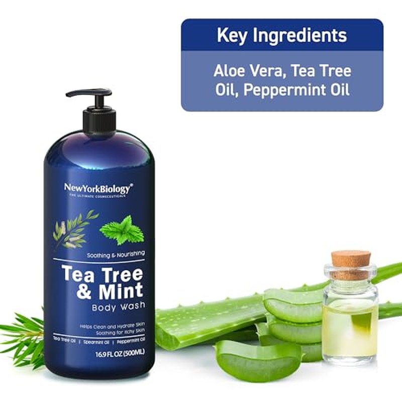 New York Biology Tea Tree Mint Body Wash for Men and Women - Moisturizing Body Wash Helps Soothe the Skin - Refreshing and Hydrating Cleanser for Body and Feet - 16.9 Fl Oz (Pack of 2)