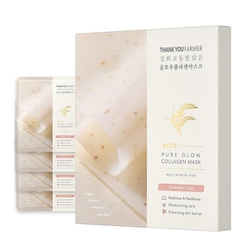 THANKYOU FARMER Rice Pure Glow Collagen Mask 4ea - Korean Collagen Face Mask Overnight, Hydrogel Skin Elasticity Plumping