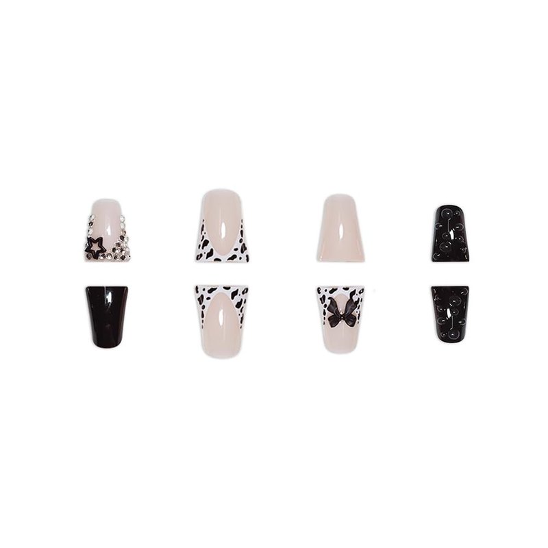 YIHONGYAN Press on Nails Square Short Fake Nails Press ons Nail Art Tips Artificial Acrylic Kit Full Cover Black Duck Mouth False Nails with Cute Bow Star Charms Design Stick on Nails Women 24Pcs