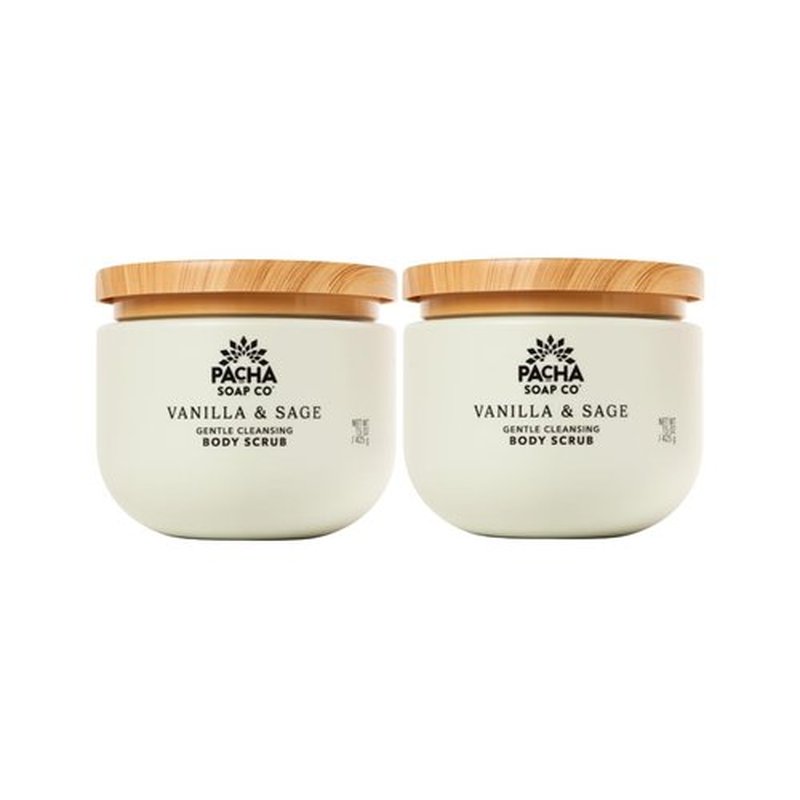 Pacha Soap Co. Whipped Cleansing Scrub, Vanilla & Sage - Premium, Handcrafted, Exfoliating Soap Scrub with Pumice for Face & Body, Soothing Essential Oils, Clean Ingredients 2-Pack (15 oz Each)