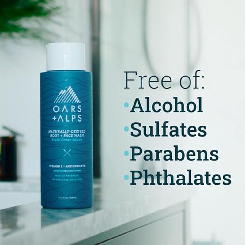 Oars + Alps Mens Moisturizing Body and Face Wash, Skin Care Infused with Vitamin E and Antioxidants, Sulfate Free, Fresh Ocean Splash, Travel Size 3.4oz, 2 Pack