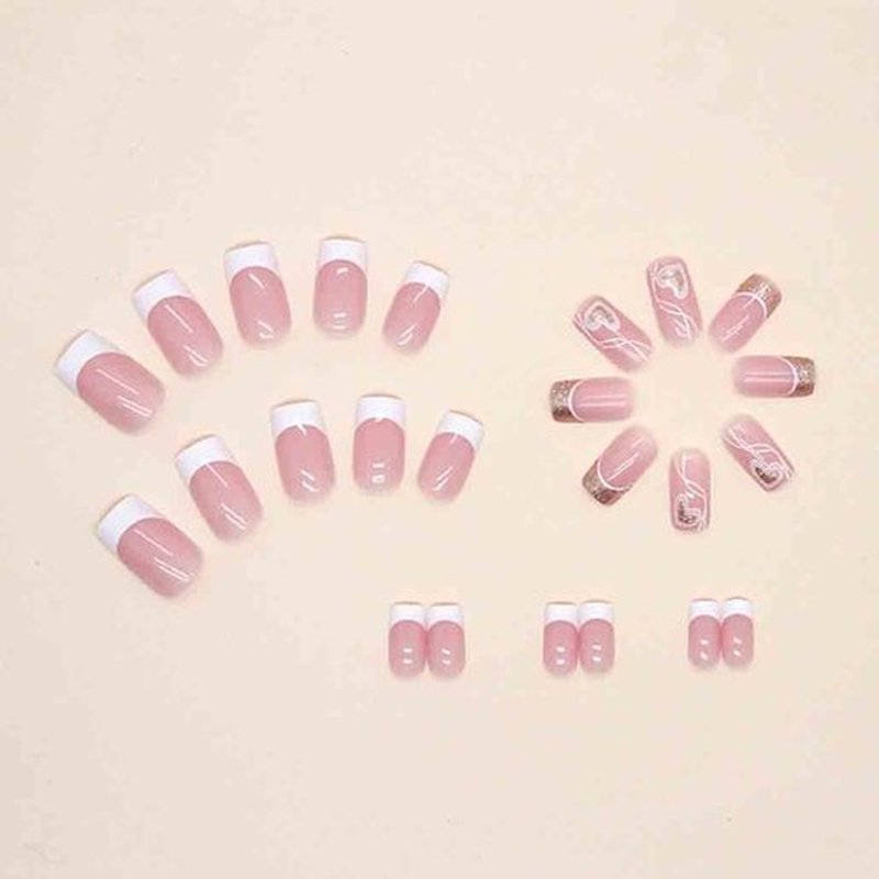 Foccna French Tip Press on Nails Medium LOVE Fake Nails Square Bling Glossy White False Nail Tips Artificial Finger Manicure for Women and Girls,24pcs
