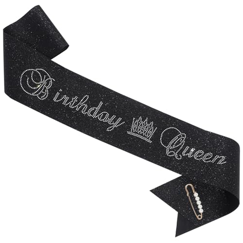 "Birthday Queen Birthday Glitter Sash Black with White Rhinestone Text for Women Girls Birthday Party Outfits Accessories (Black, Large)