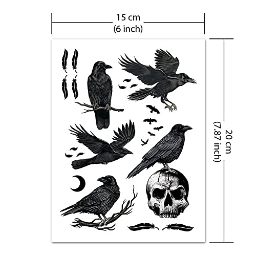 WIRESTER Temporary Tattoo Stickers for Adults Men Women, Fake Tattoos on Face Hand Neck Wrist Party Favor Body Art, Tattoo Sheet 6 x 7.87 inch - Ravens and Crows