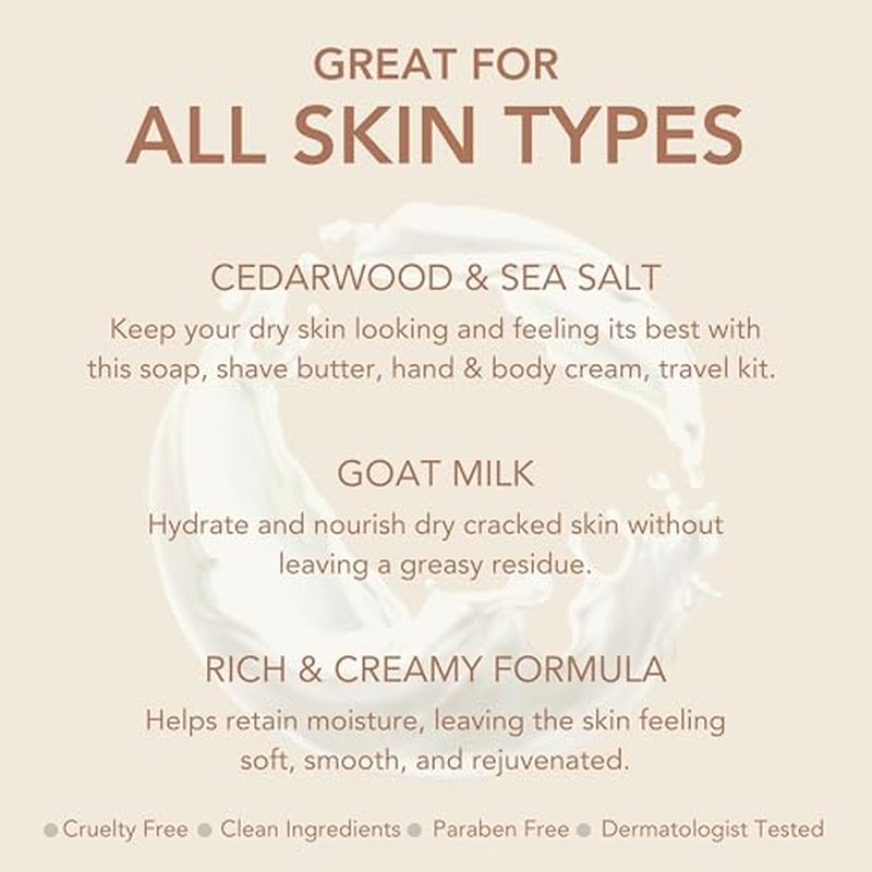 Dionis Goat Milk Cedarwood & Sea Salt Shave Butter, Hand & Body Lotion, and Bar Soap Bath & Body 3-Piece Gift Set