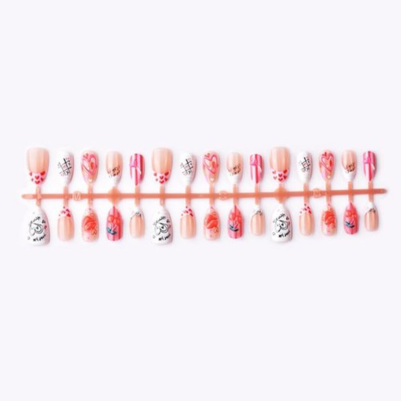plalely Press on Nails Medium Almond,Handmade Acrylic Press on Nails with Flower Designs，Short Stick on Nail for Women 24pcs