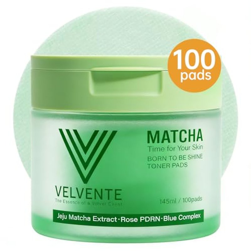 VELVENTE Matcha Toner Pads with Rose PDRN, Peptides & Hyaluronic Acid | Korean Facial Pads for Dark Spot, Acne Prone & Uneven Skin Tone, Soothing Radiant Skin, Makeup Prep Daily Skincare, 100 Pads