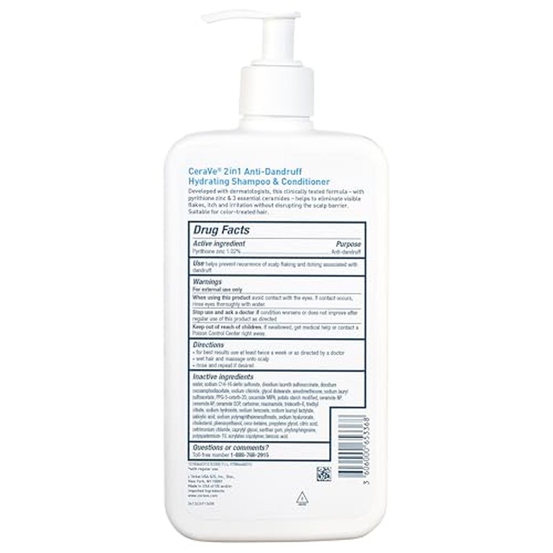 CeraVe 2 In 1 Hydrating Anti Dandruff Shampoo And Conditioner, 1% Pyrithione Zinc Dandruff Treatment, Color Safe & Sulfate Free Shampoo And Conditioner, Helps Eliminate Dandruff & Relieve Itchy Scalp