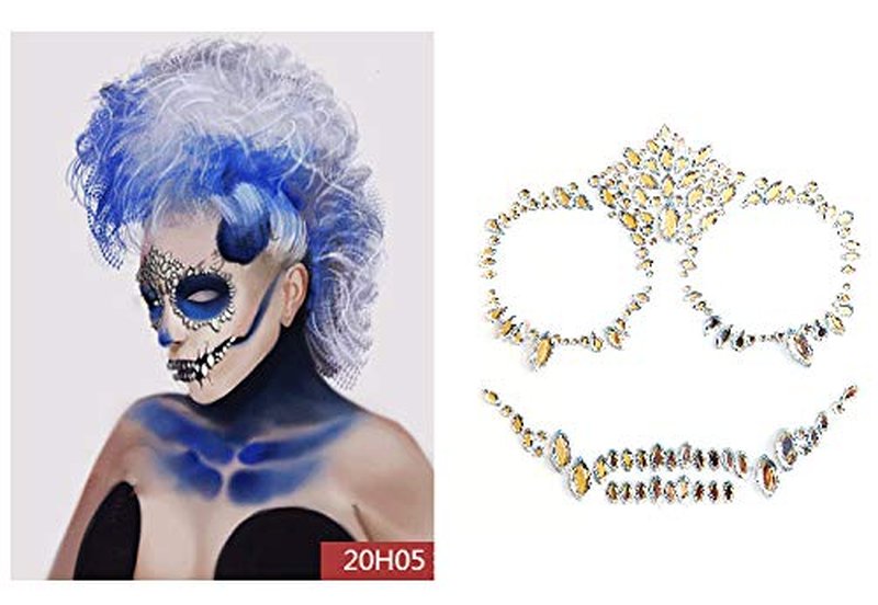 Cosplay Face Tattoos, Day of the Death Skull Temporary Face Gems Jewels Tattoos, Rhinestone Ghost Bride Jade Face Jewels Tattoo Stickers