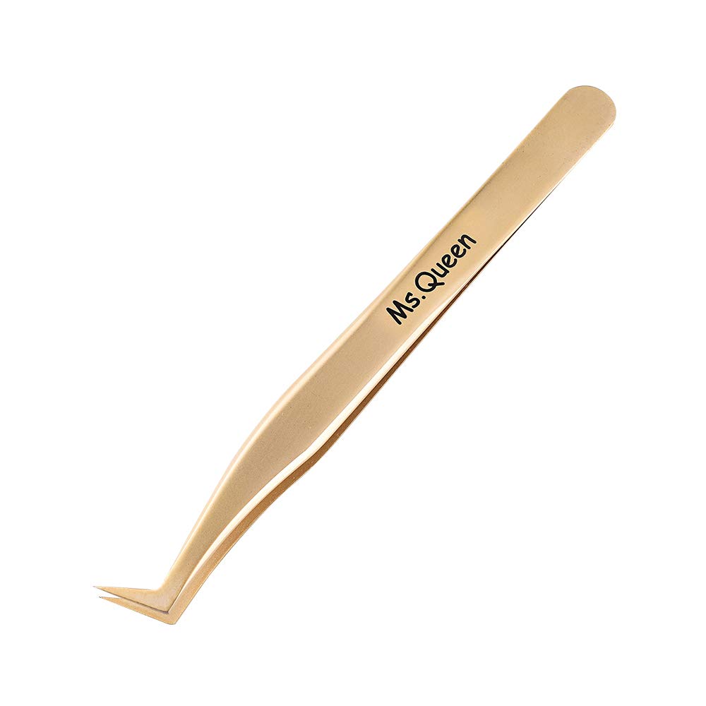 Ms.Queen Eyelash Extension Tweezers-Precision Tweezers for 2D-6D Volume&Individual False Lashes Extensions-Golden-L-Shaped Tweezers