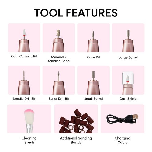 Éclat Cordless Nail Drill Electric File, Professional Efile for Acrylic, Gel, Dip Powder, Portable & Rechargeable Manicure Pedicure Tool Set with LED Light, 7 Drill Bits, Sanding Bands, Brush (White)