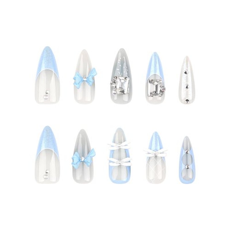 Bow Press on Nails Long Almond Fake Nails 3D Charms Rhinestone False Nails Press ons with Designs Blue Glossy Full Cover Acrylic Glue on Nails Artificial Stick on Nail for Women Manicure 24Pcs