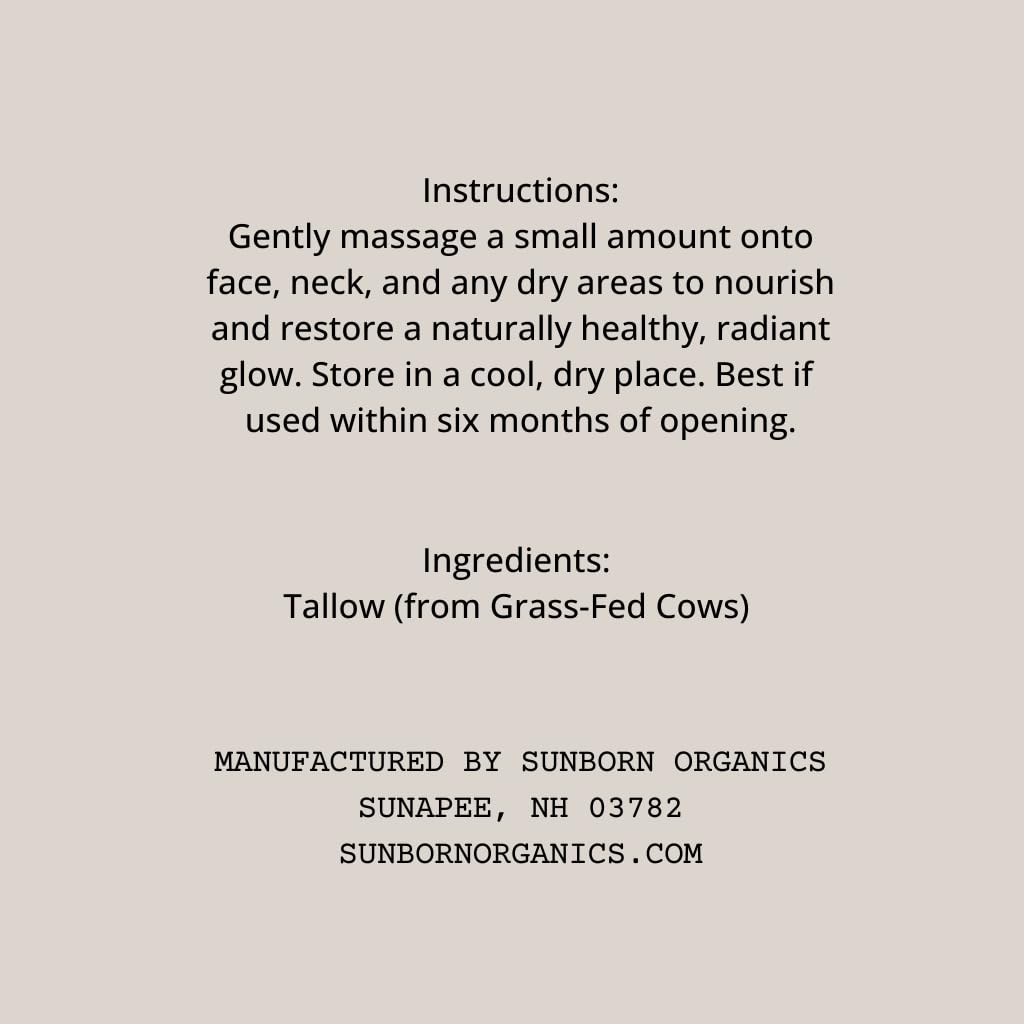 Sunborn Organics Pure Whipped Tallow Balm | 100% Organic Grass-Fed Beef Tallow Face Moisturizer & Lip Balm (4oz, Vanilla Hint)
