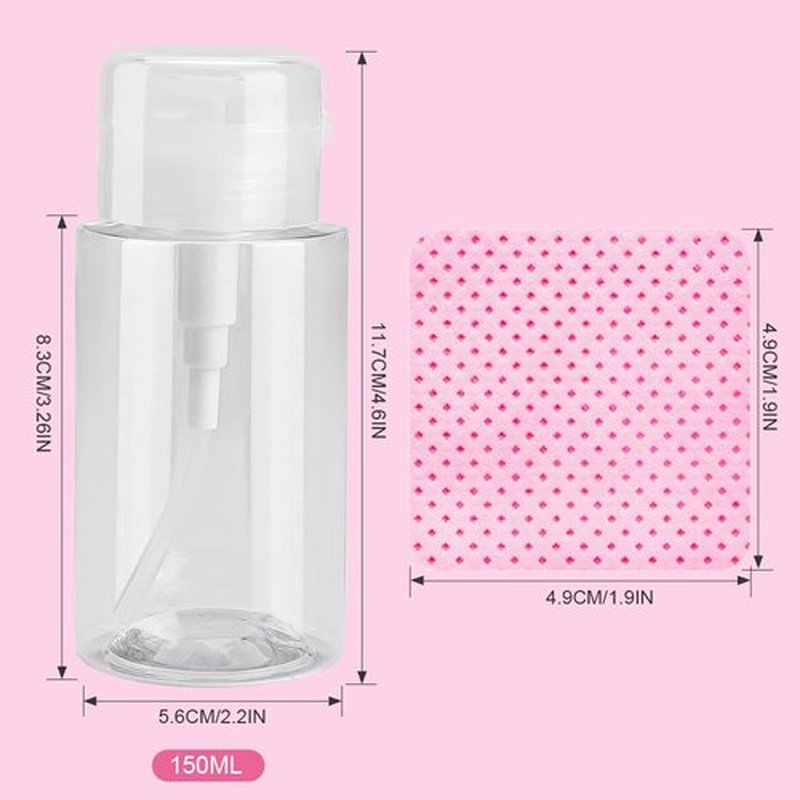Pack of 2 Nail Polish Remover Pump Empty Dispenser Bottle with 540PCS Lint Free Nail Wipes for Alcohol, Acetone, Nail Polish and Makeup Remover Bullet Point 150 ml (2 Plastic Bottle and Wipe)