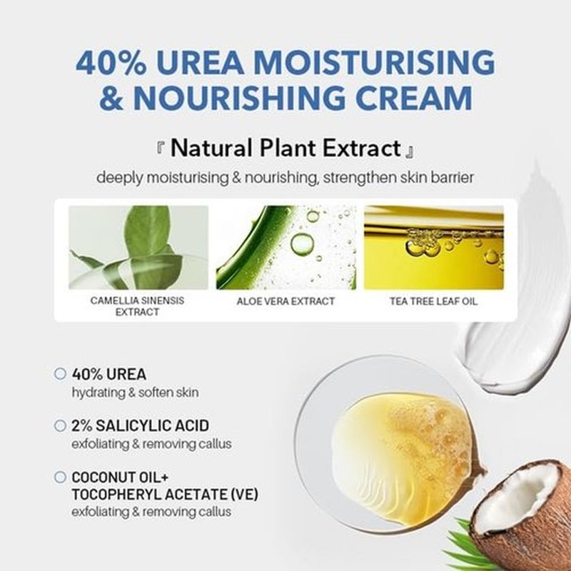 Advanced Urea Foot Cream 40% plus 2% Salicylic Acid for Cracked Heels and Dry Skin, 150gms/5.3oz with Tea Tree, Coconut Oil and Aloe Vera Extract for Deep Moisturizing Callus Removal