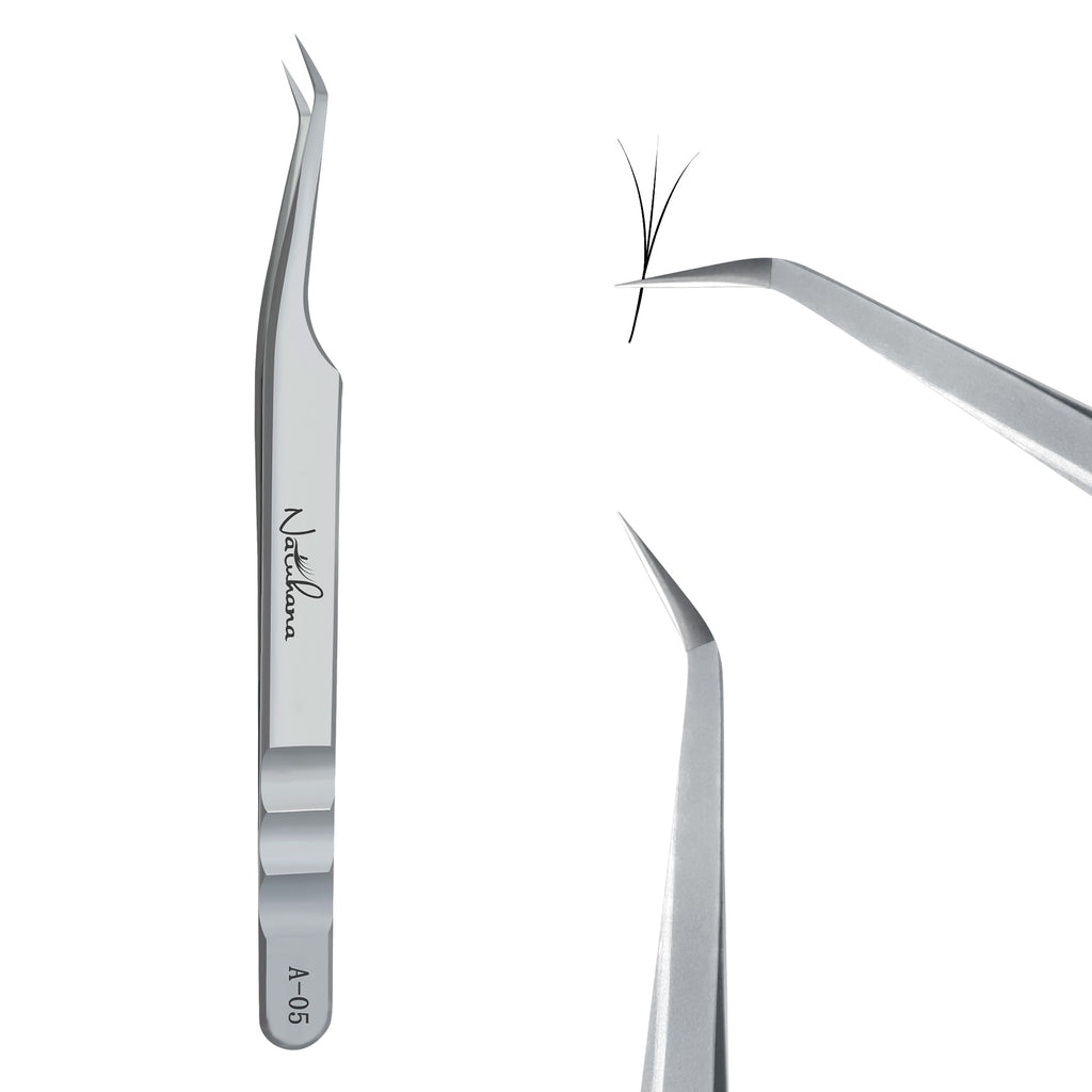 Natuhana High Precision Lash Tweezers for Individual and Volume Eyelash Extensions Pointed Premium Stainless Steel Curved Fiber Tip Professional Isolation Tweezer(45 Degree Tweezer A-05)