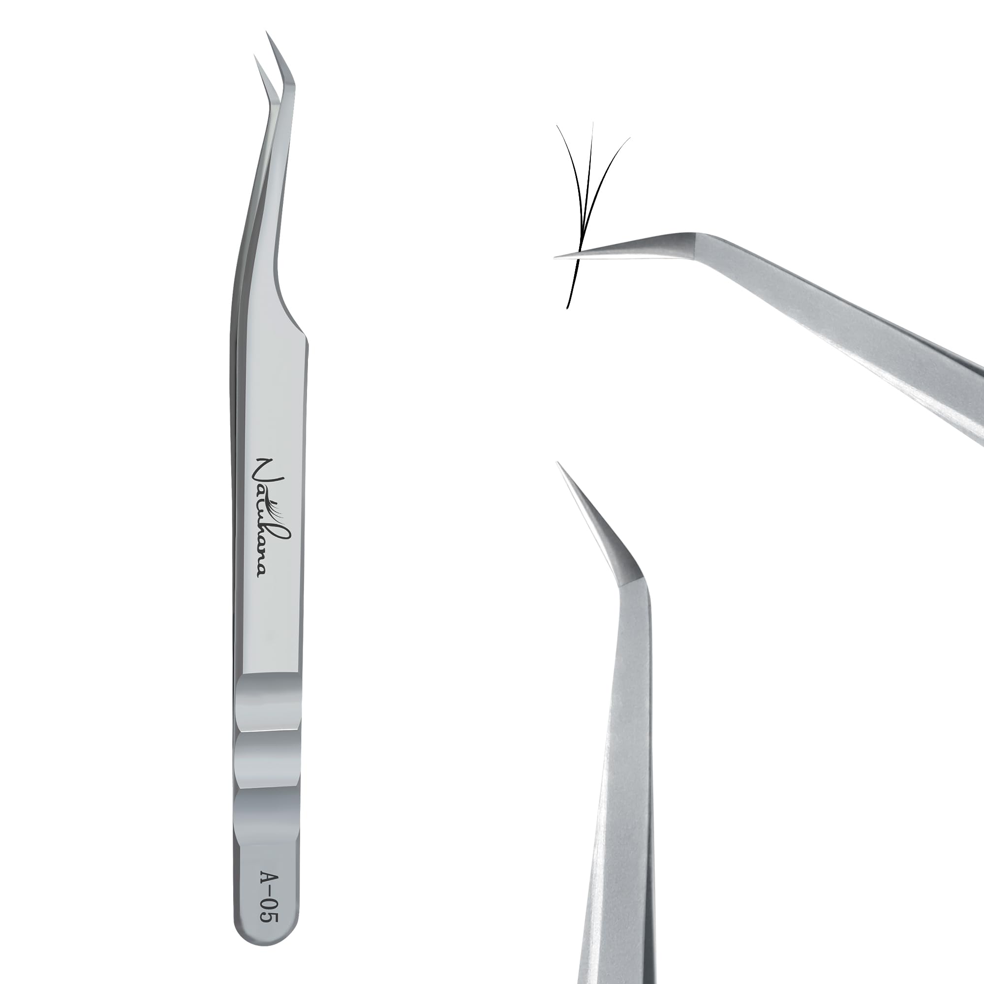 Natuhana High Precision Lash Tweezers for Individual and Volume Eyelash Extensions Pointed Premium Stainless Steel Curved Fiber Tip Professional Isolation Tweezer(45 Degree Tweezer A-05)
