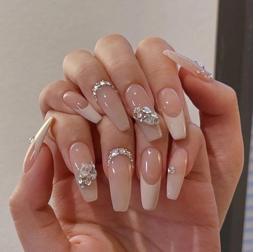 Coffin Shaped Luxury Press on Nails | Ballerina Artificial False Nails, Glossy Nude Fake Nails with 3D Diamonds, Salon Quality Reusable Nails Kit (White Valentine - Size L)