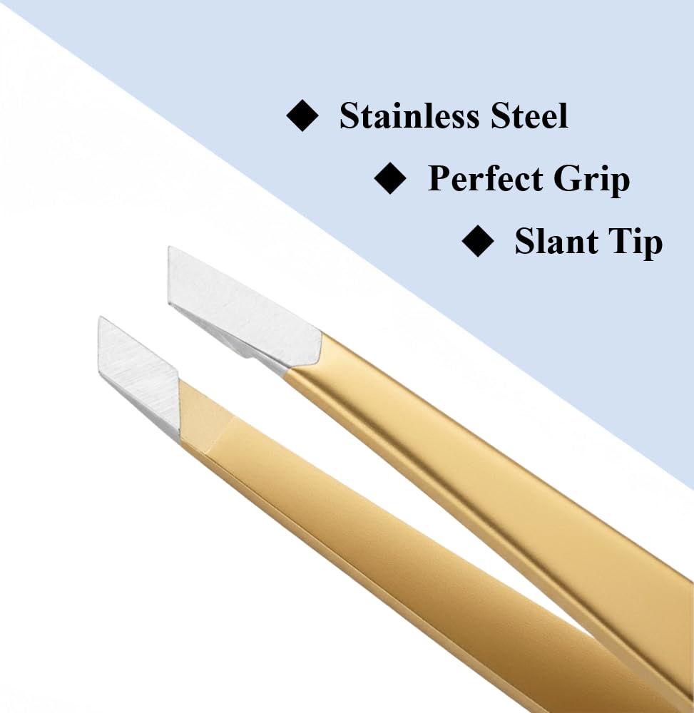 Made in Solingen, Germany - Apexay Professional Slant Tip Tweezers – Premium German Steel, Ultra Precision Grip, Salon Quality for Eyebrow and Fine Hair Removal (Gold)