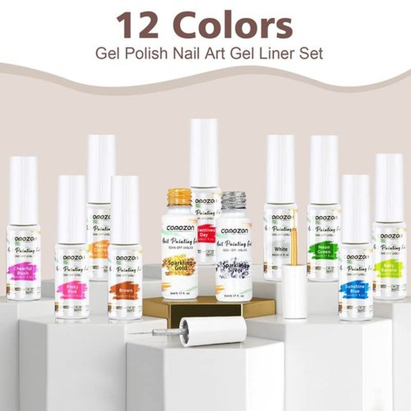 Gel Polish Gel Liner Nail Polish Set-12 Colors Gel Nail Art Polish for Swirl French Nails, Built-in Thin Brush in Bottle for Nail Art Painting Drawing Nail Designs Polish, Gift Set for Women Girls