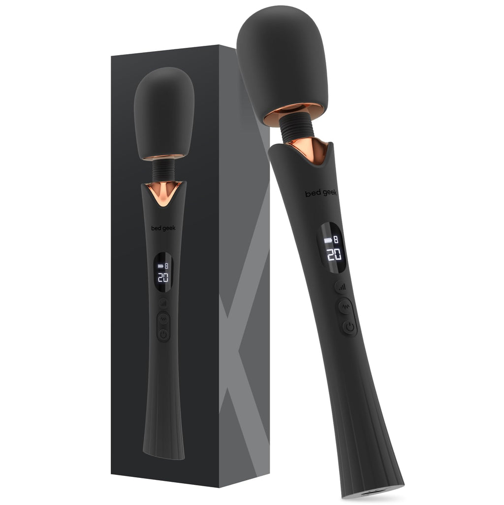 bed geek Cordless Wand Massager – Super Powerful Handheld Massage with 20 Speeds & 8 Patterns, Soft Silicone Head, Quiet Motor, LED Display, Body-Safe & Waterproof Black & Rose Gold