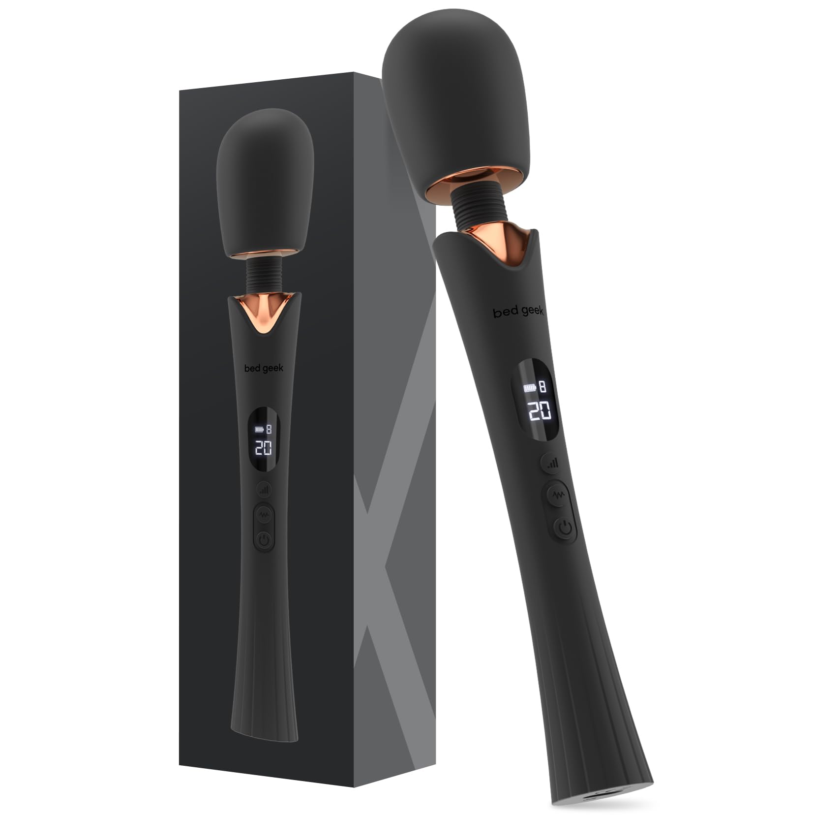 bed geek Cordless Wand Massager – Super Powerful Handheld Massage with 20 Speeds & 8 Patterns, Soft Silicone Head, Quiet Motor, LED Display, Body-Safe & Waterproof Black & Rose Gold