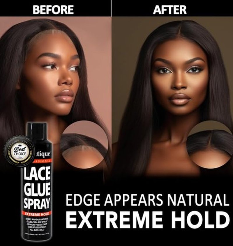 BELLATIQUE Lace Glue Spray (6.76 oz) - Extreme Hold. Edges Appear Natural, Humidity Resistant, Sweat Resistant, All Day Hold, Quick Drying, Flake Free, Easily Removed, Quick & Easy.
