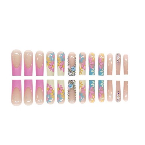 48Pcs Summer Flower Press on Nails Long & Press on Toenail for Girls Nail Decoration Kit French Tip Fake Nails with Nail Glue Rhinestones Glossy Acrylic Nails False Nails for Women Stick on Nails