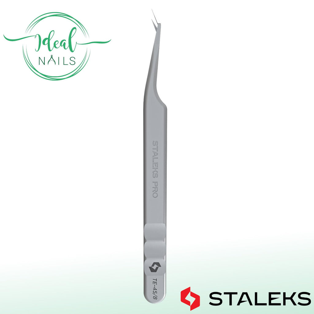 STALEKS PRO Expert 45 Type 8 Professional Eyelash Tweezers (Mini L-Shaped) – Stainless Steel with Nano-Notches for Volume & Mega-Volume Lash Extensions