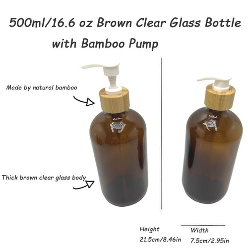 2PCS 500ML/16.6 oz Empty Refillable Brown Glass Pump Bottles Container Holder Vials Pot Storage with Bamboo Screw Pump Head for Bath Shower Shampoo Hair-Conditioner Cleanser Makeup Liquid