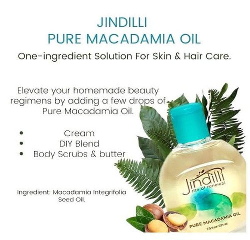 Jindilli Pure Macadamia Oil-Australian Cold-Pressed Refined, Filtered, All-Natural, Cruelty-Free-Travel Moisturizer for Hair, Skin, Nails, Massag-Sensitive Skin, Eczema, Rosacea and Psoriasis-3.4 oz