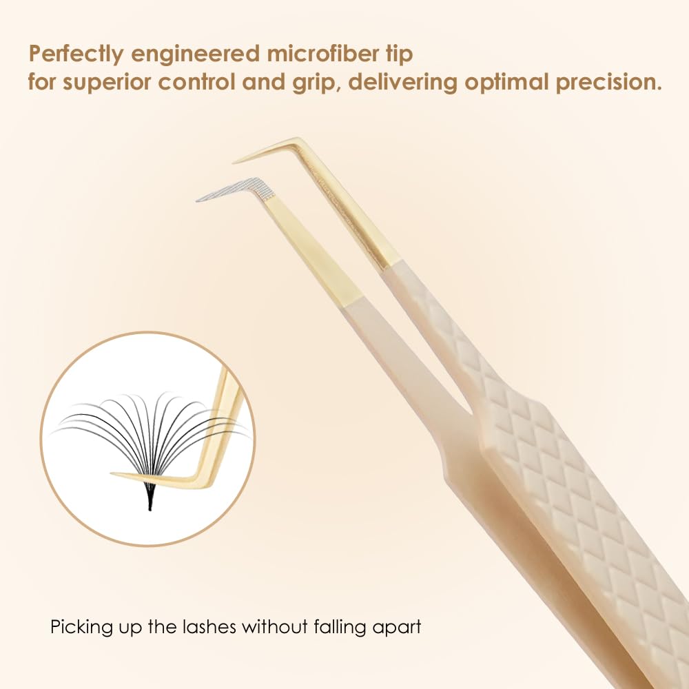 Beeutemaker Beige Fiber Tip Lash Tweezers for Eyelash Extensions – L Shape 90-Degree for Volume Fan Making, Professional Precision Lash Extension Tweezers