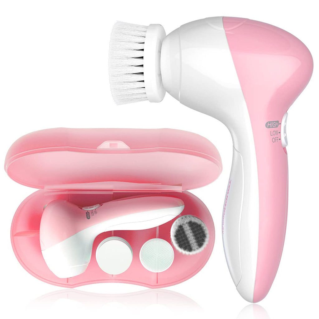 Electric Facial Cleansing Brush for Women, 3-in-1 Face Cleanser and Exfoliator Brush with 3 Brush Heads, 2 Speeds, Waterproof Spin Brush, Travel Size Case, Perfect for Valentine's Day (Pink)