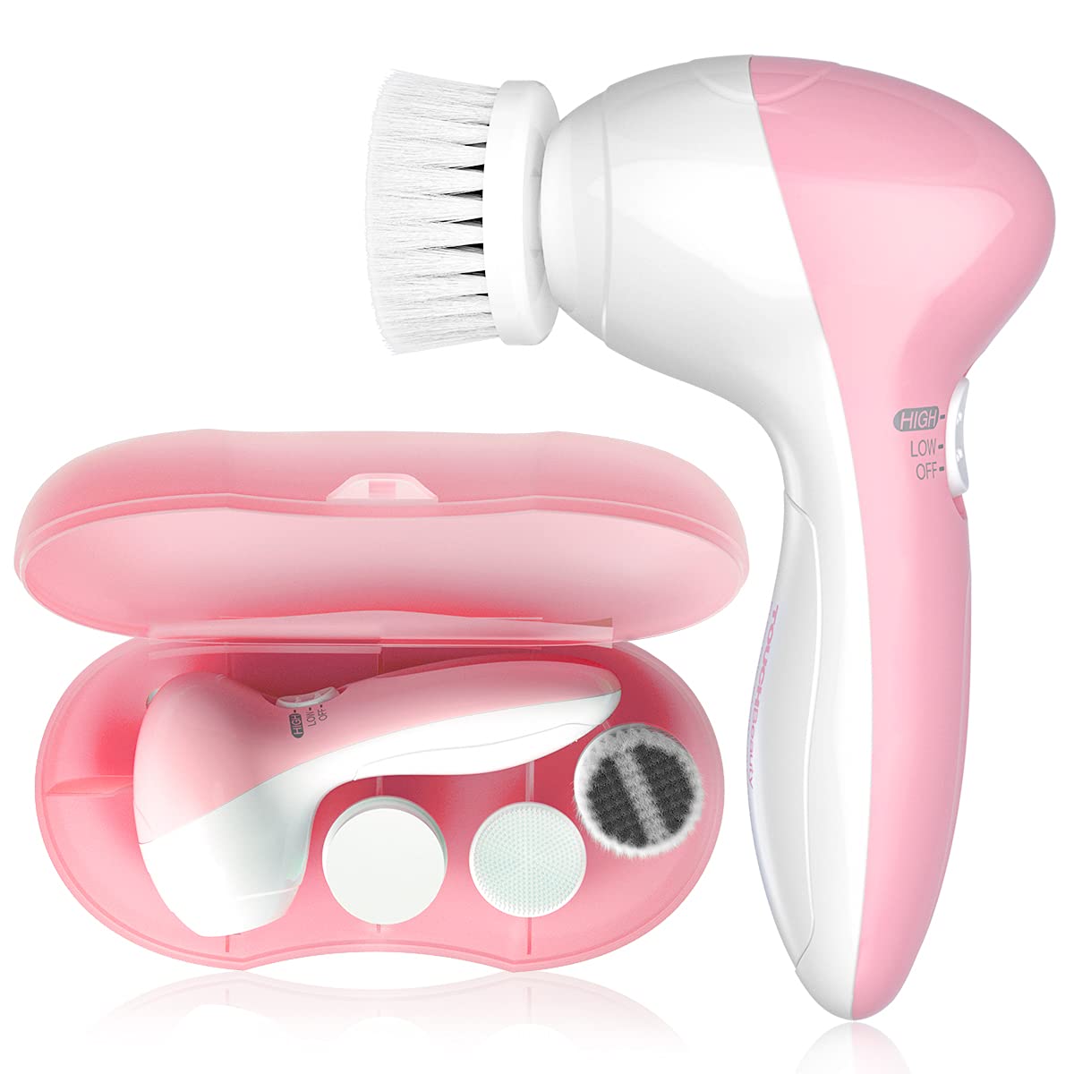 Electric Facial Cleansing Brush for Women, 3-in-1 Face Cleanser and Exfoliator Brush with 3 Brush Heads, 2 Speeds, Waterproof Spin Brush, Travel Size Case, Perfect for Valentine's Day (Pink)