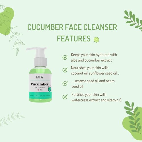 Sapo Cucumber Face Cleanser - Gentle Gel Wash with Aloe & Coconut Oil | Hydrating pH-Balanced 4 oz