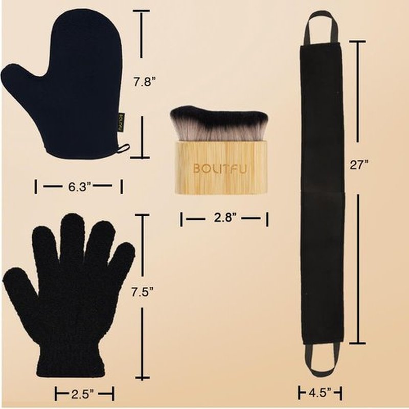 Skiennix Self Tanning Mitt Applicator Kit - 4 Pack for Streak-Free Sunless Tan | Includes Mitt, Back Applicator, Brush & Exfoliating Glove (Black)