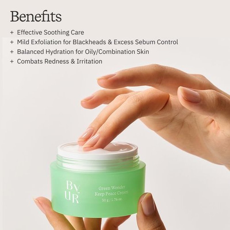 ByUR Green Wonder Keep Peace Cream - Soothing & Oil Control for Sensitive Skin, Gentle Exfoliation, Salicylic Acid, AHA, Centella Asiatica, Non-Sticky Gel Facial Moisturizer Pore Care Korean Skincare