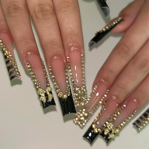 TENPAL Long Square Press On Nails,Shimmery French Tip Designs Gold Black Fake Nails,Full Rhinestone/Zebra Striped Edges/Alloy Bow False Nail Tips,24pcs Reusable Artificial Nails Kits,Sweet Y2k Nails