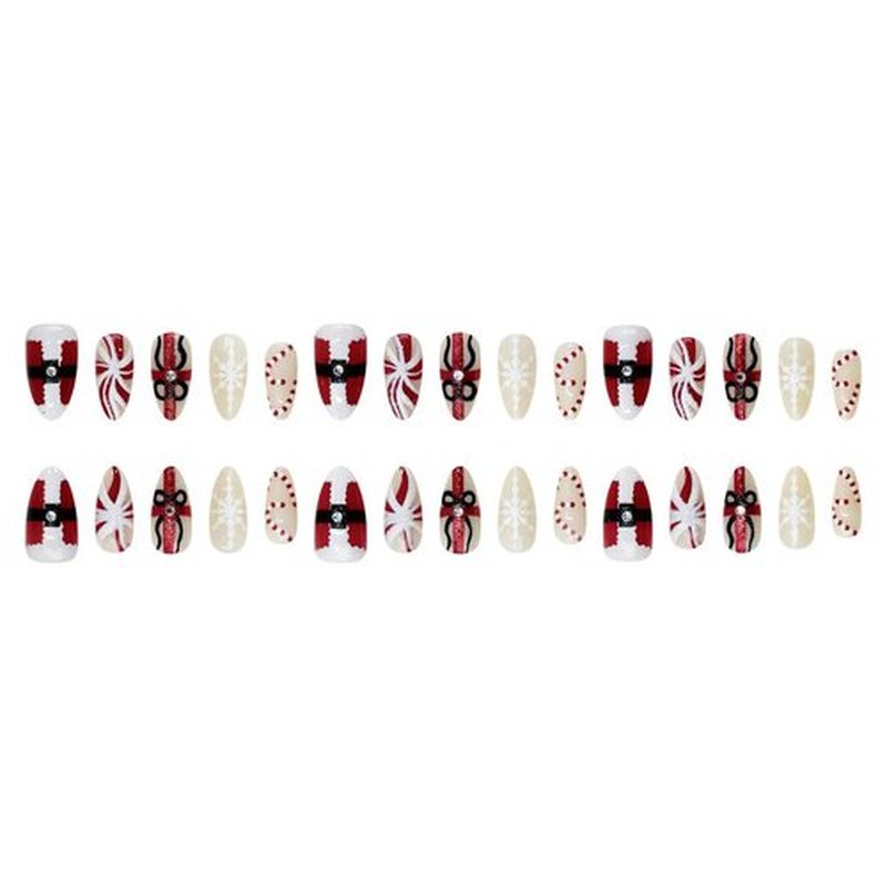 30Pcs Christmas Press on Nails Medium Almond Fake Nails Red white Striped Snowflakes Glue on Nail Gem Rhinestones Design Reusable Winter False Nails Full Cover Artificial Acrylic Nail for Women