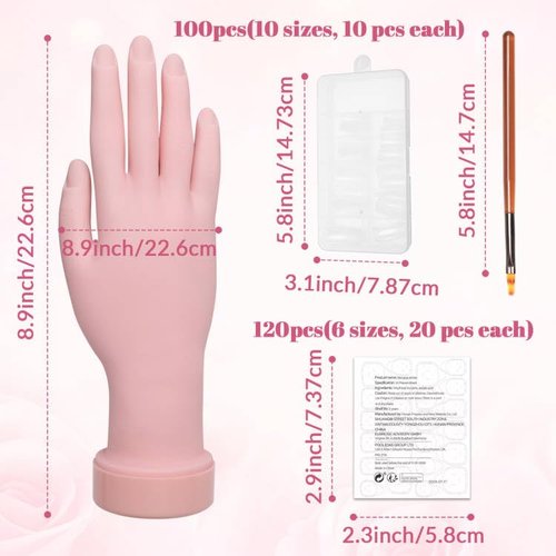 Solaradgy Practice Hand for Acrylic Nails Flexible Bending Nail Practice Hand Training Fake Hand Nail Hand Practice Tools with 100PCS Nail Tips, 120PCS Jelly Double Sided Nail Adhesives and 9PCS Brush