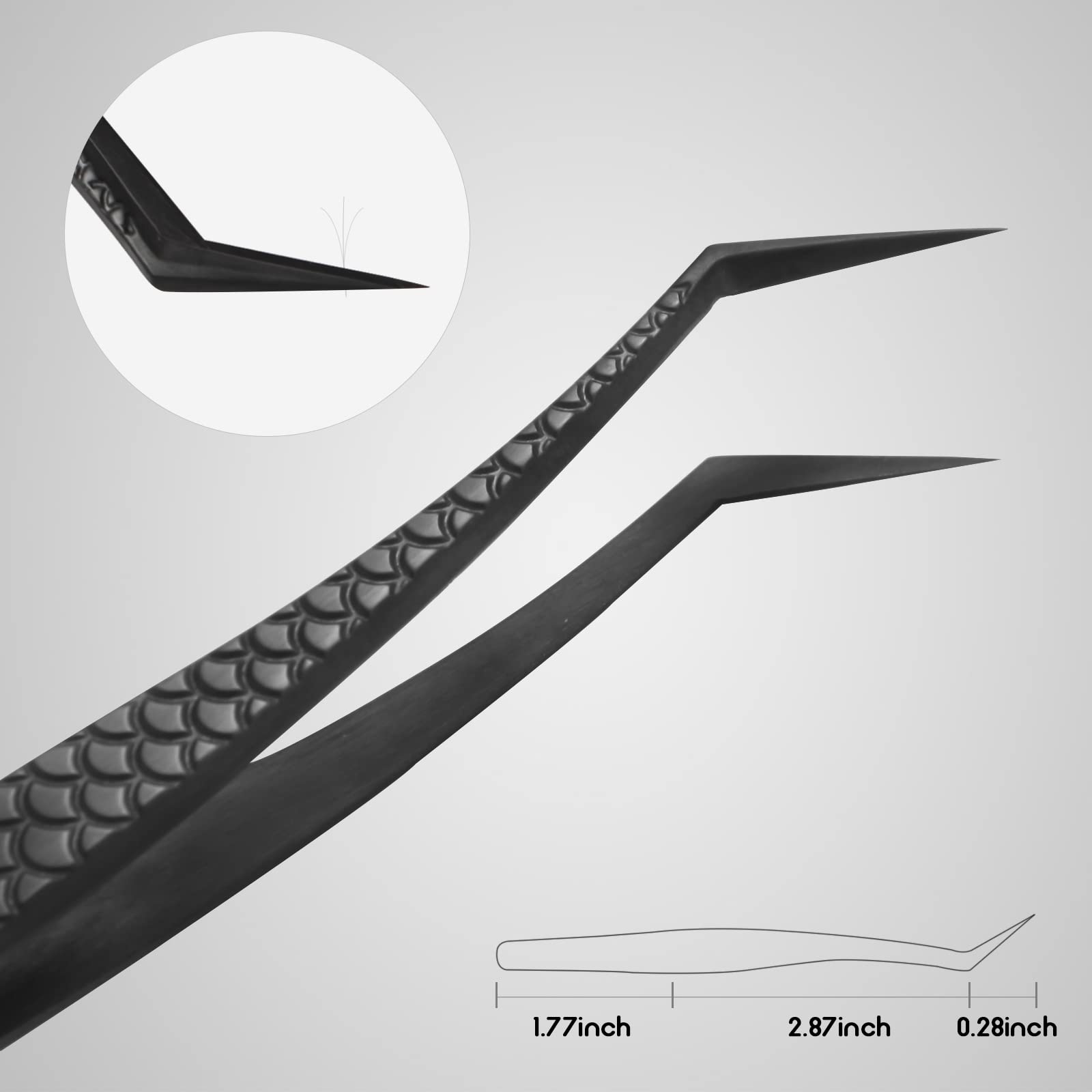 FEITA Diamond Grip Eyelash Extensions Tweezer Lash Precision Tweezers, Japanese Steel Dolphin-shaped & Angled Tip, False Lashes Application Tools, Black 2Pcs